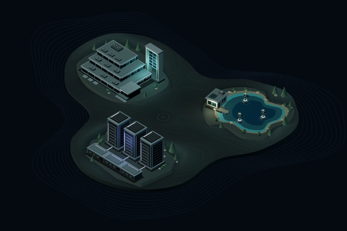 CnesData layers, an irregular LimnoPulse basin and three Infrastructure nodes share one continuous conceptual terrain.