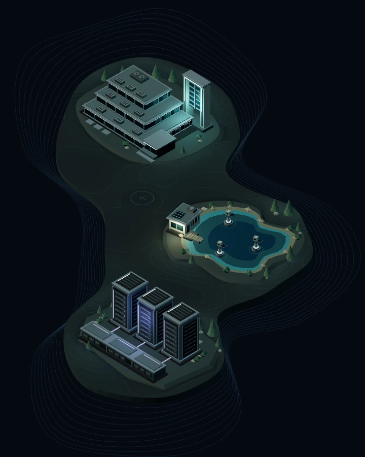 CnesData layers, an irregular LimnoPulse basin and three Infrastructure nodes share one continuous conceptual terrain.